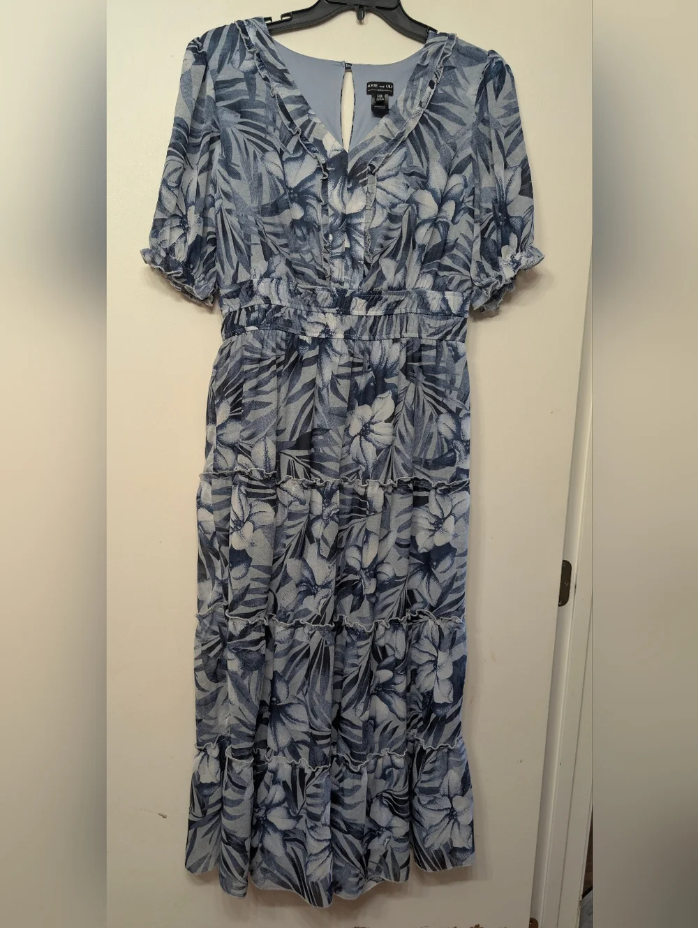 Kate and Lily Woman Blue Floral Tiered Midi Dress 14W Boho Tropical Chiffon - Picture 3 of 8